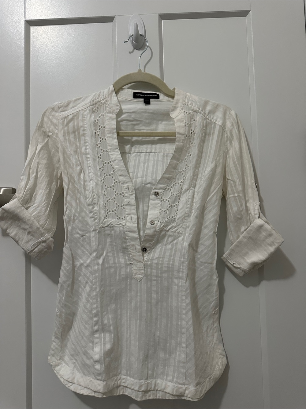 Express Cream Embroidered Split V-Neck Blouse